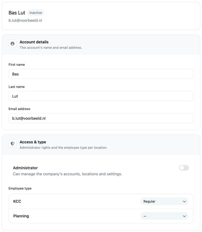 An account in Account management with Account details and Access & type