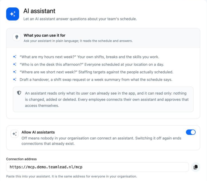The AI assistant page with Allow AI assistants and the Connection address