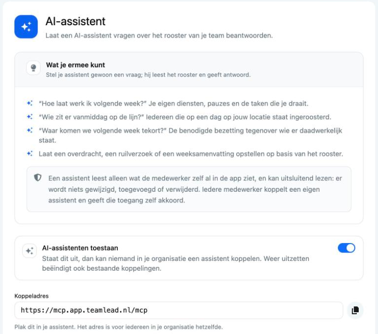 De pagina AI-assistent met AI-assistenten toestaan en het Koppeladres