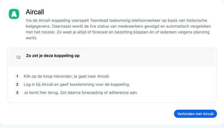 De Aircall-koppelpagina met de knop Verbinden met Aircall