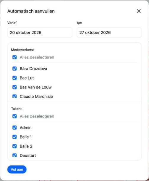 Het venster Automatisch aanvullen met periode, medewerkers en taken