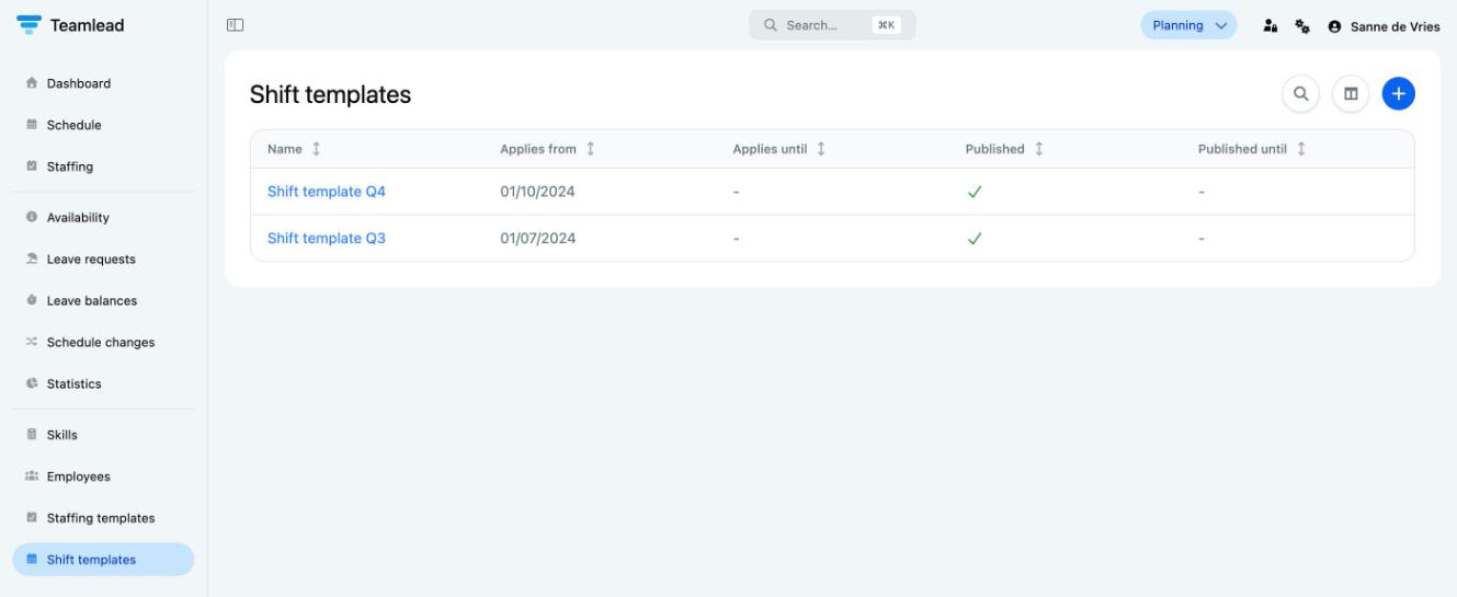 A location with shift templates: Shift templates appears in the menu