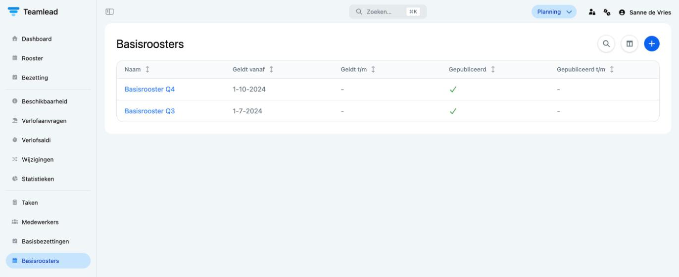 Een locatie met basisroosters: in het menu staat Basisroosters