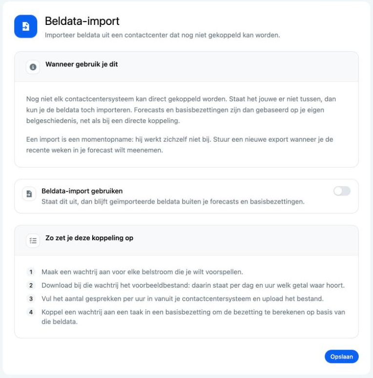 De pagina Beldata-import met uitleg en de schakelaar Beldata-import gebruiken