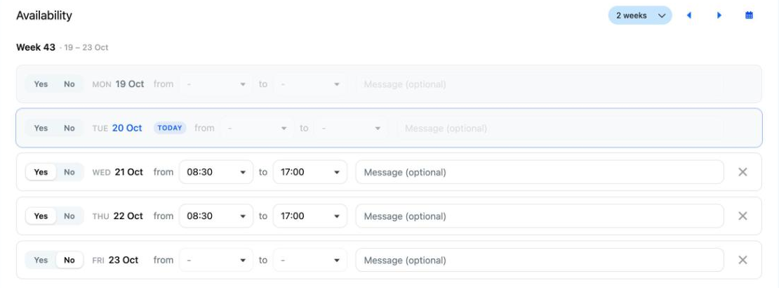 The Availability page with Yes or No and the times for each day
