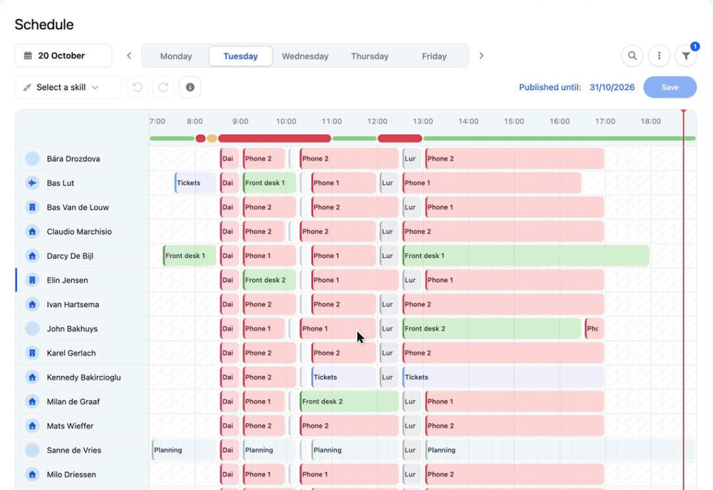 Animation: open Bulk change, choose the skill Training, the time 13:00 to 17:00 and three employees, check the result and apply it