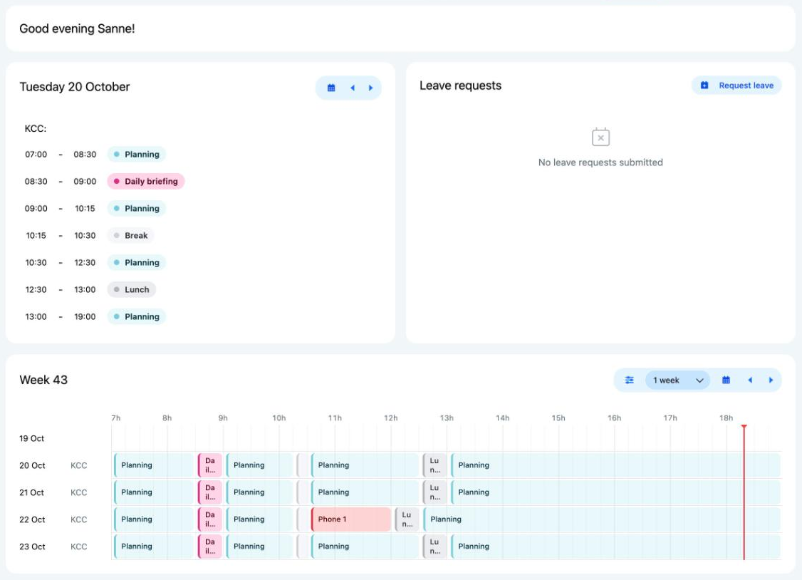 The dashboard with your shifts for today, your leave requests and your week