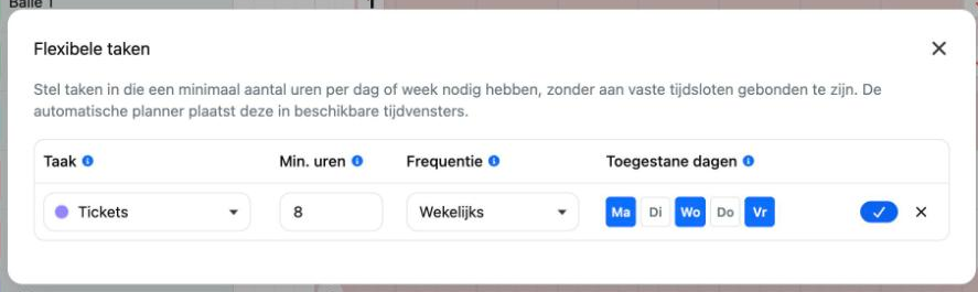 Het venster Flexibele taken met een taak, Min. uren, Frequentie en Toegestane dagen