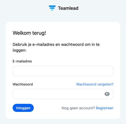 Het inlogscherm van Teamlead met e-mailadres, wachtwoord en Wachtwoord vergeten?