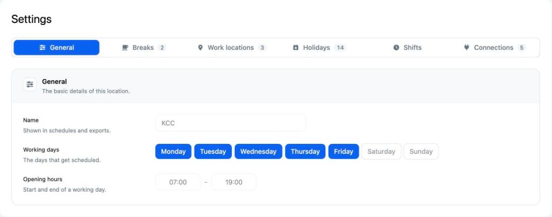 Settings with the General, Breaks, Work locations, Holidays, Shifts and Connections tabs