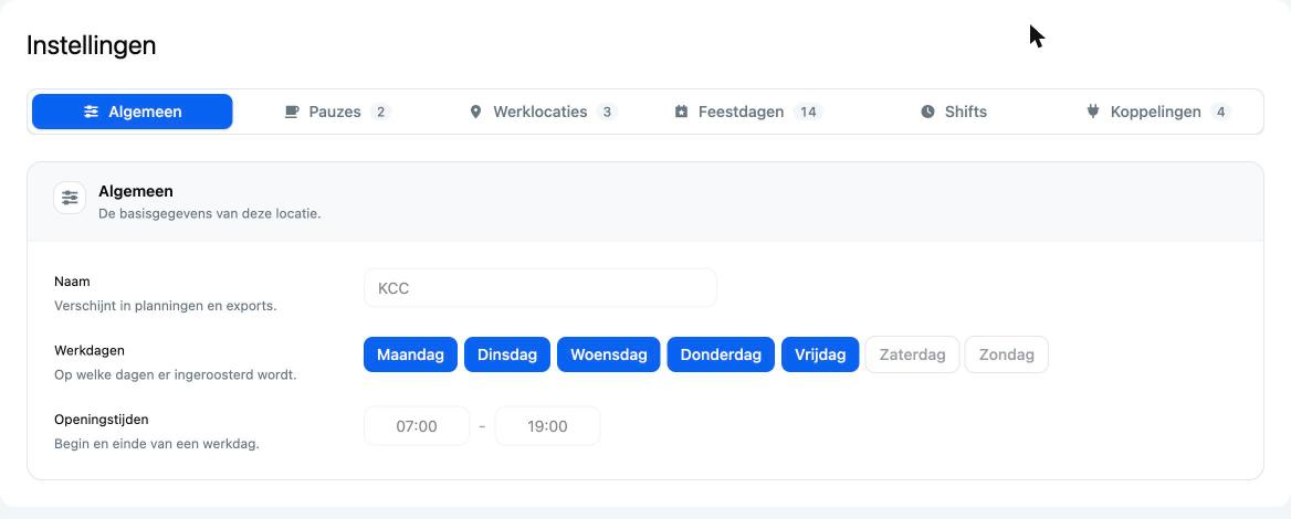 Instellingen met de tabbladen Algemeen, Pauzes, Werklocaties, Feestdagen, Shifts en Koppelingen