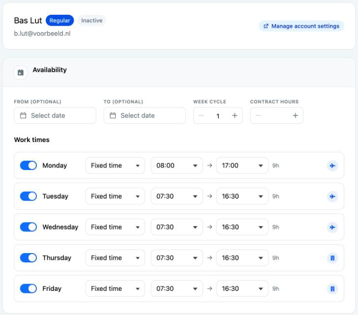 An employee profile with Availability and Work times