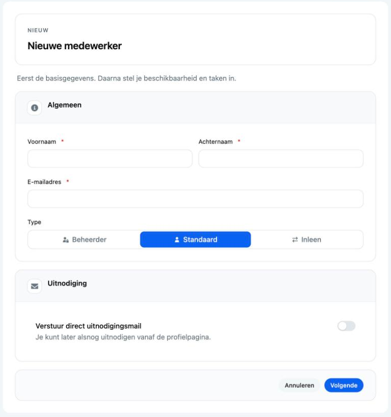 Het formulier Nieuwe medewerker met Algemeen, Type en Uitnodiging