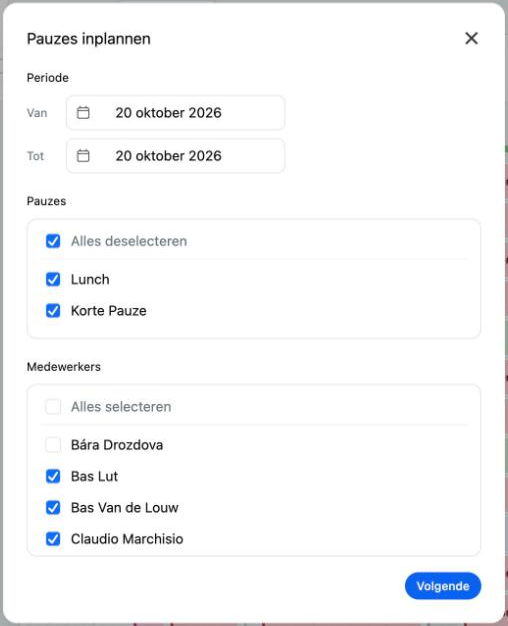 Het venster Pauzes inplannen met periode, pauzes en medewerkers