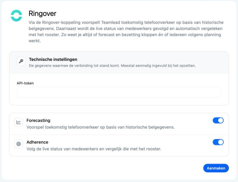 De Ringover-koppelpagina met het API-token, Forecasting en Adherence