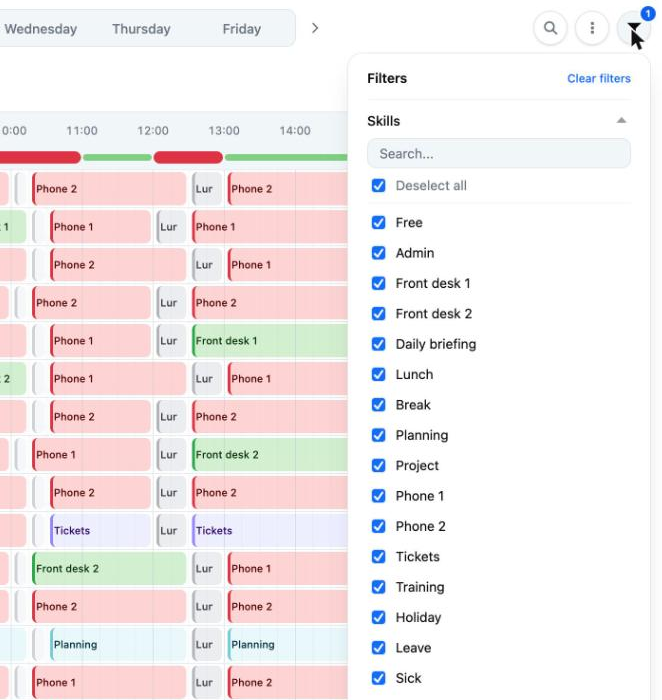 The schedule filter panel with the Free option ticked under Skills