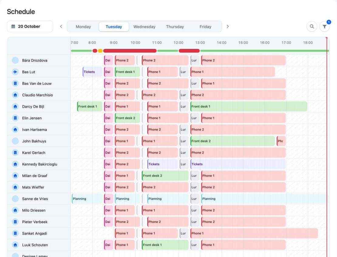 The schedule for employees with the day buttons, the search field and the filter button