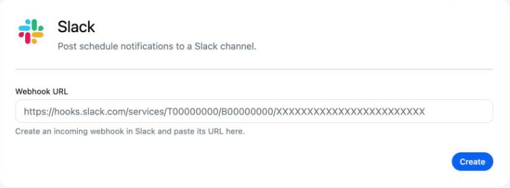The Slack connection page with the Webhook URL field