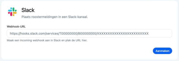 De Slack-koppelpagina met het veld Webhook-URL