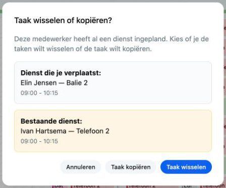 Het venster Taak wisselen of kopiëren? met de knoppen Annuleren, Taak kopiëren en Taak wisselen