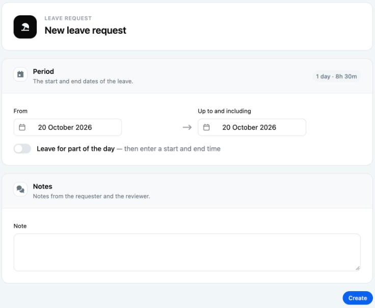 The New leave request form with From, Up to and including and the Leave for part of the day switch