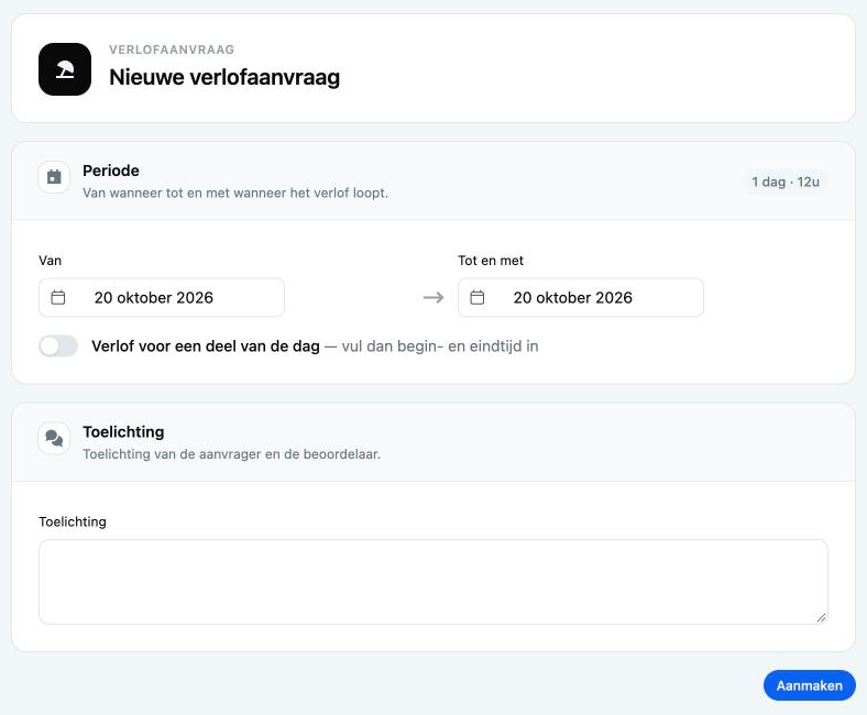 Het formulier Nieuwe verlofaanvraag met Van, Tot en met en de schakelaar Verlof voor een deel van de dag