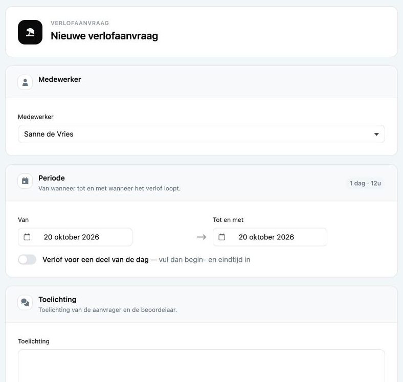 Nieuwe verlofaanvraag als beheerder, met bovenaan de keuze Medewerker