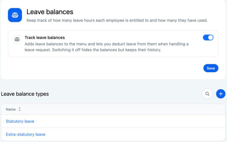 Settings > Connections > Leave balances with Track leave balances switched on and the Leave balance types table