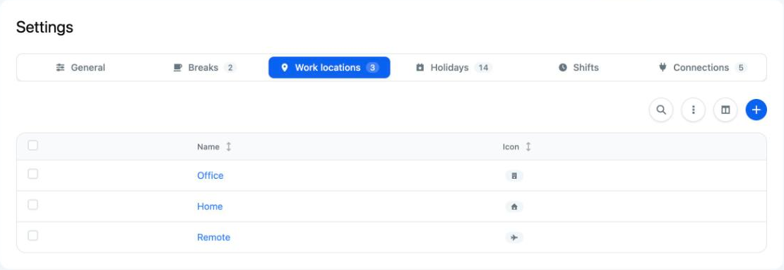 Settings, Work locations tab with Office, Home and Remote